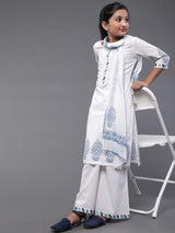 White Block Printed Kurta Palazzo With Dupatta - Elganza