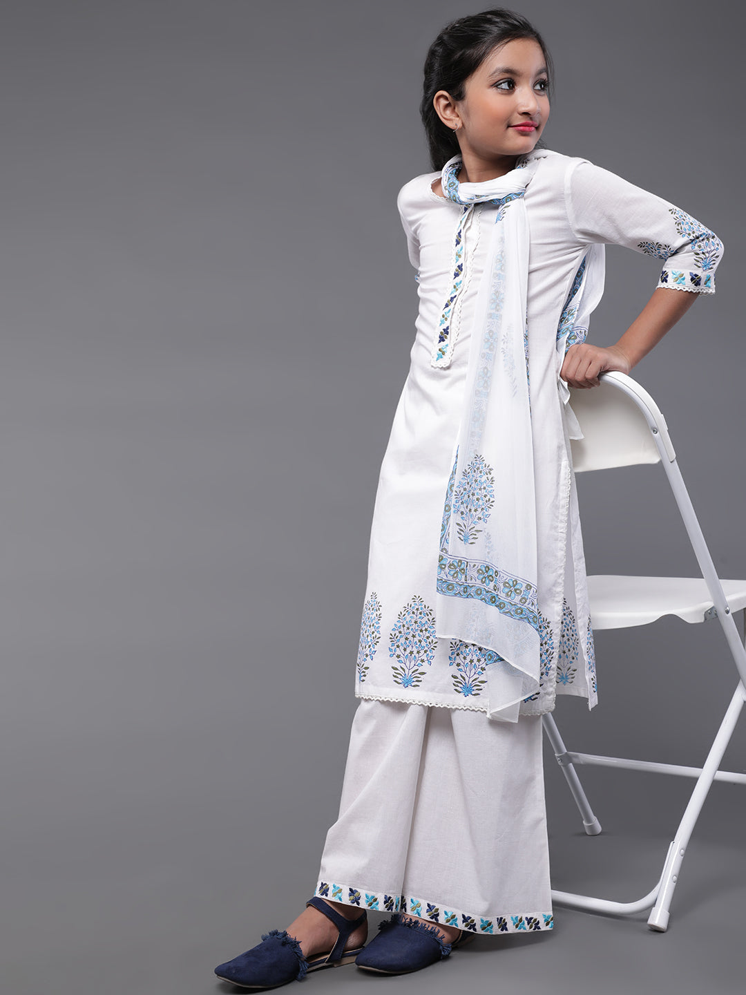 White Block Printed Kurta Palazzo With Dupatta - Elganza