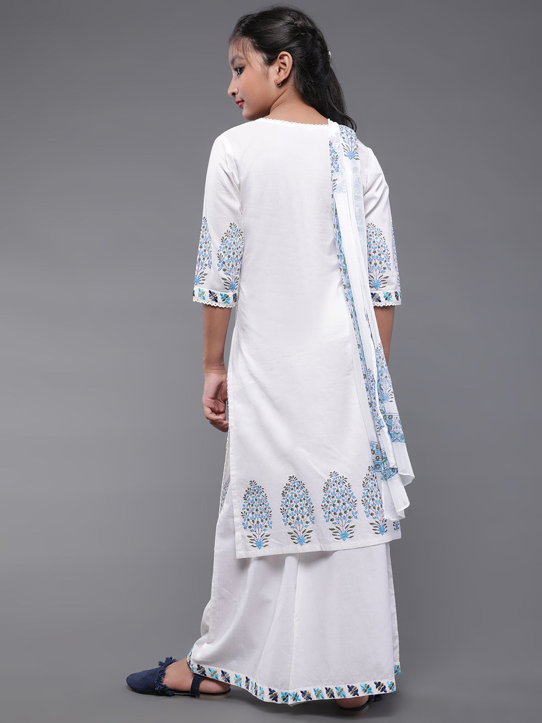 White Block Printed Kurta Palazzo With Dupatta - Elganza