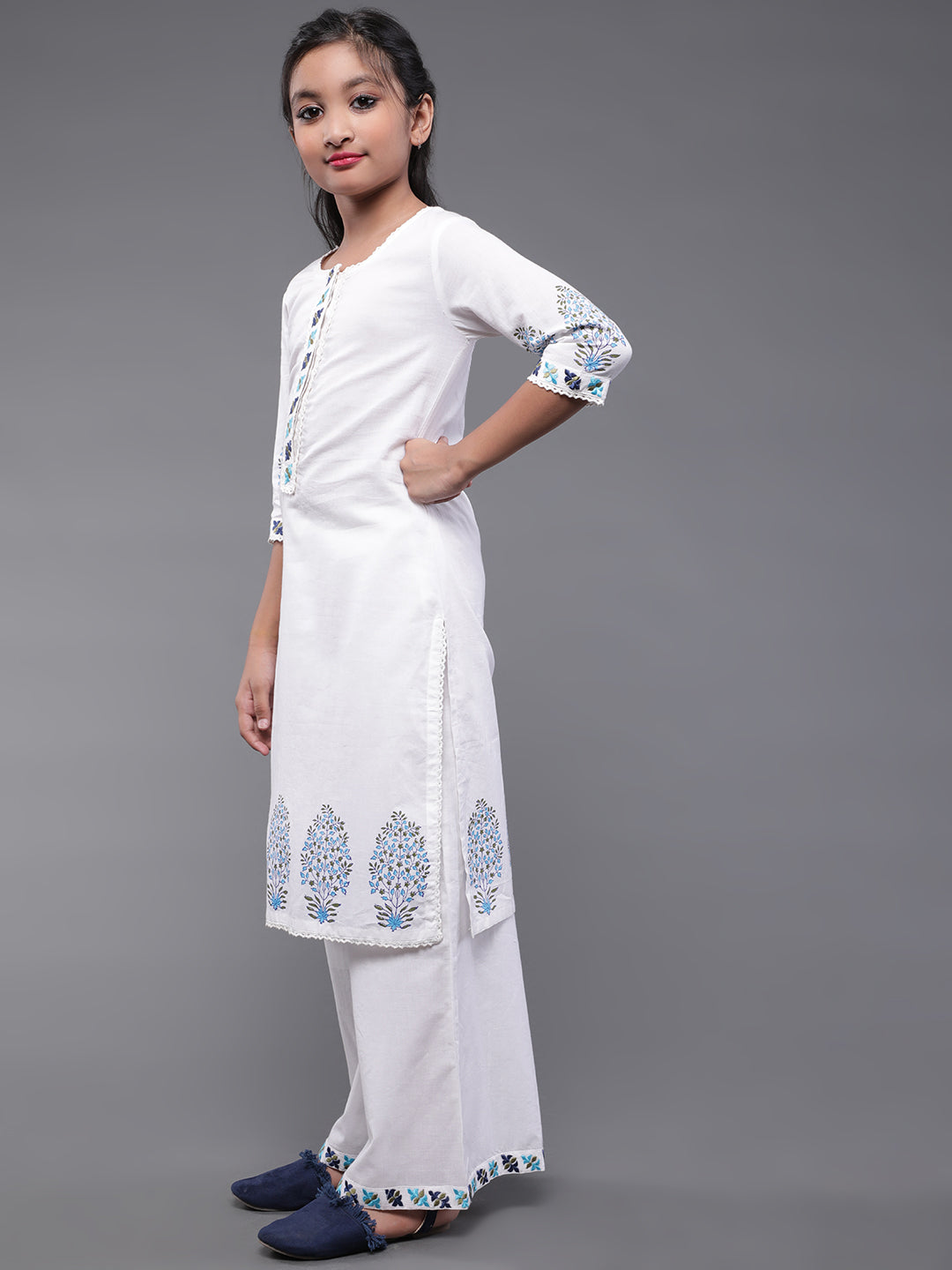 White Block Printed Kurta Palazzo With Dupatta - Elganza