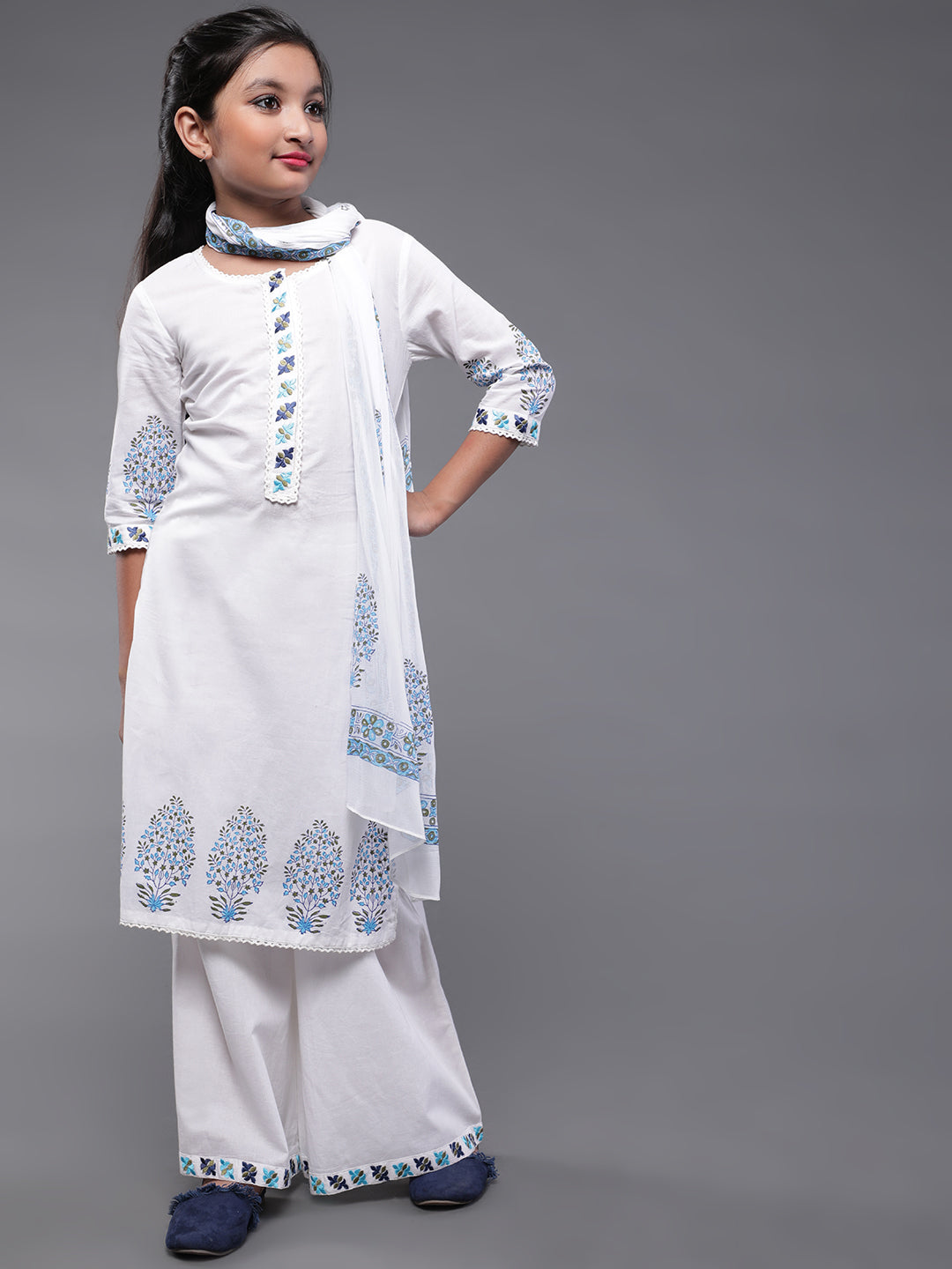 White Block Printed Kurta Palazzo With Dupatta - Elganza