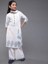 White Block Printed Kurta Palazzo With Dupatta - Elganza
