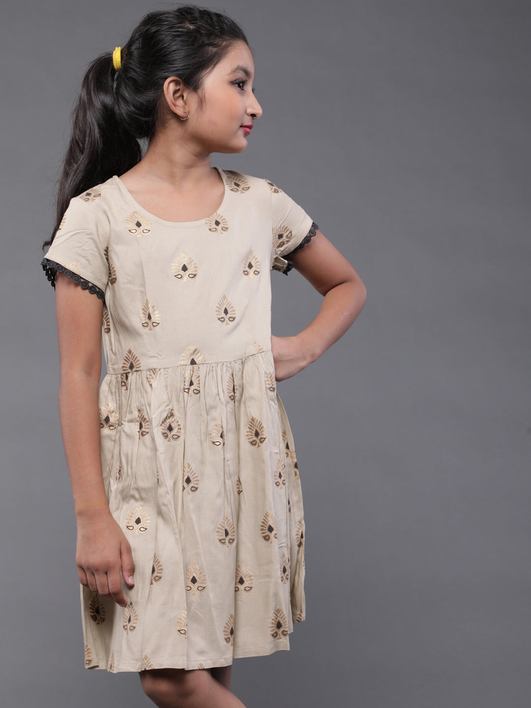 Beige Gold Printed Short Dress