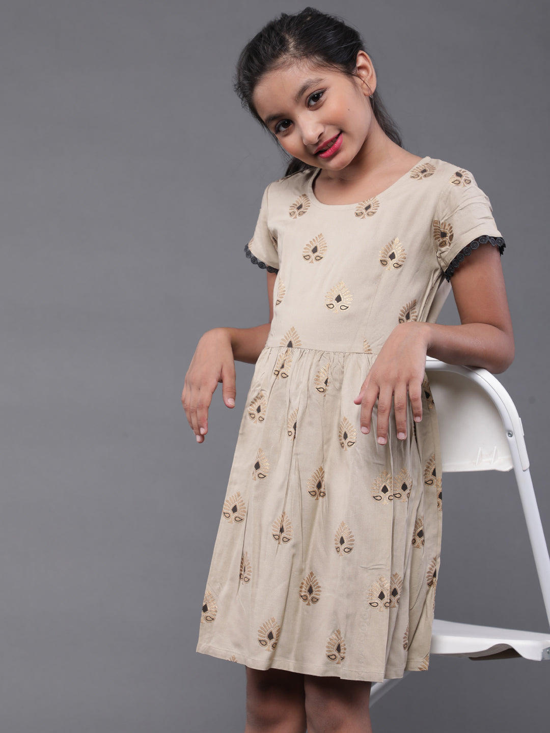 Beige Gold Printed Short Dress