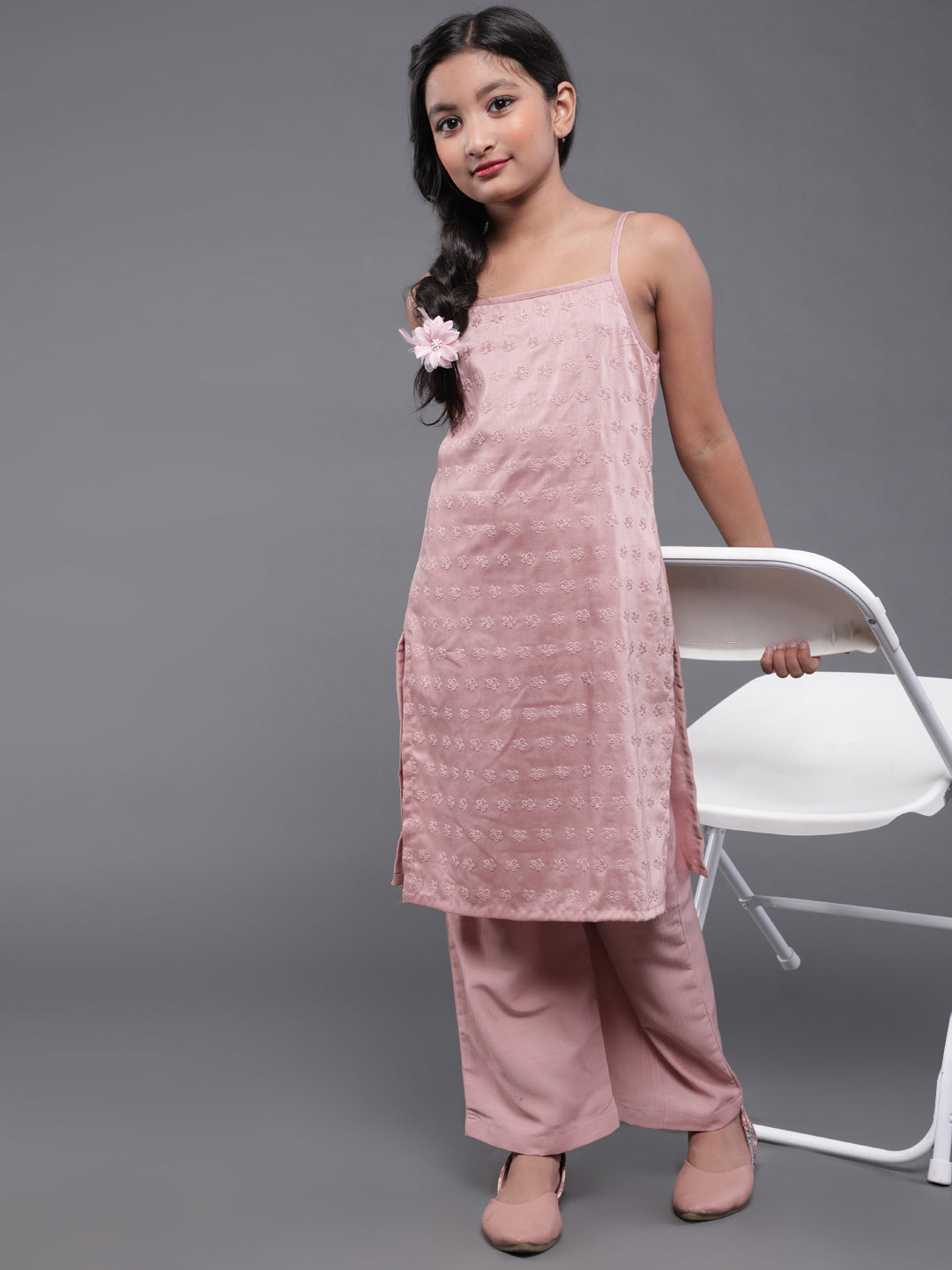 Rose Gold Schiffli Designed Kurta With Palazzo