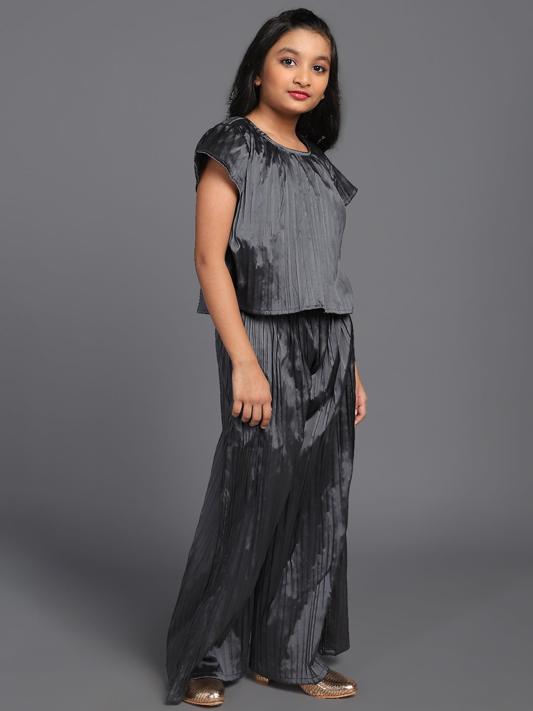 Grey Taffeta Pleated Top With Palazzo