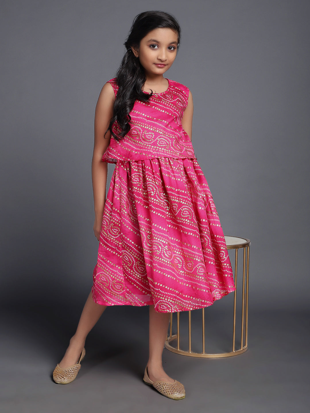 Pink Bandhani Print Layered Dress - Elganza