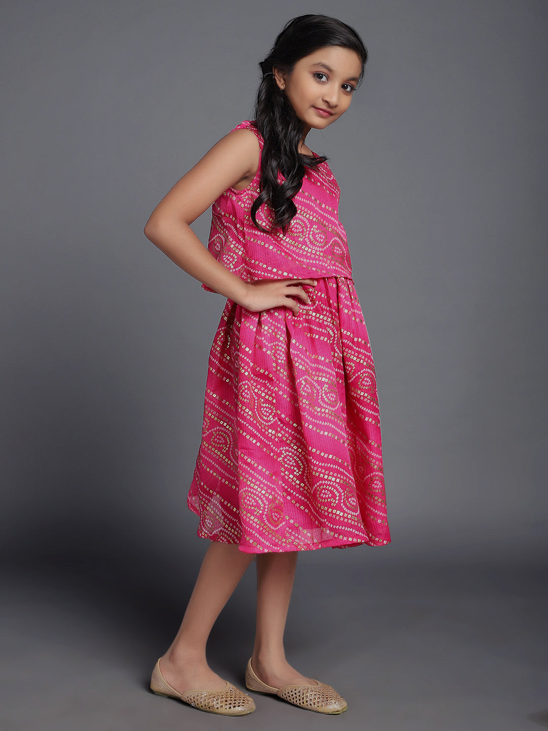 Pink Bandhani Print Layered Dress - Elganza