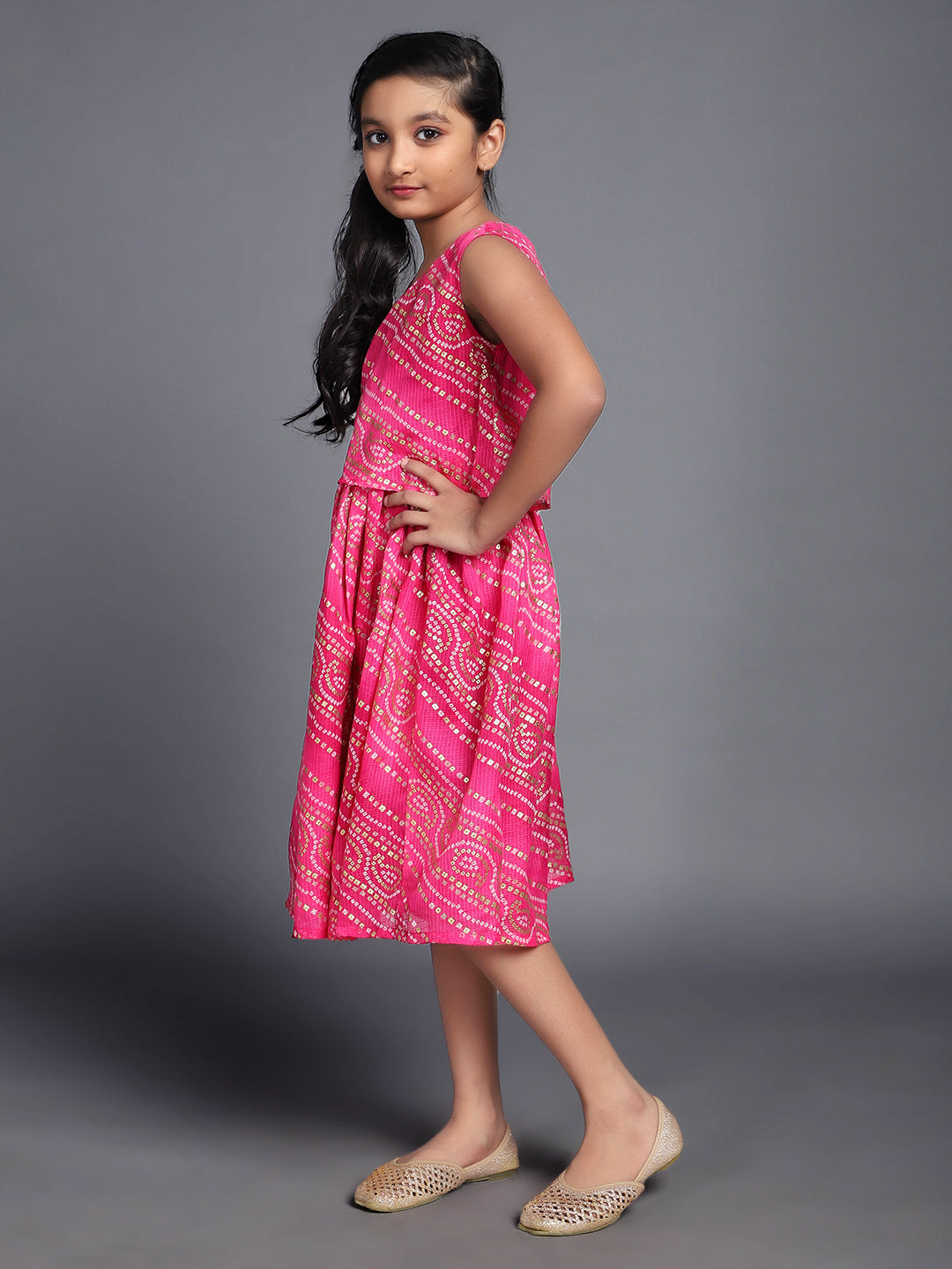 Pink Bandhani Print Layered Dress - Elganza
