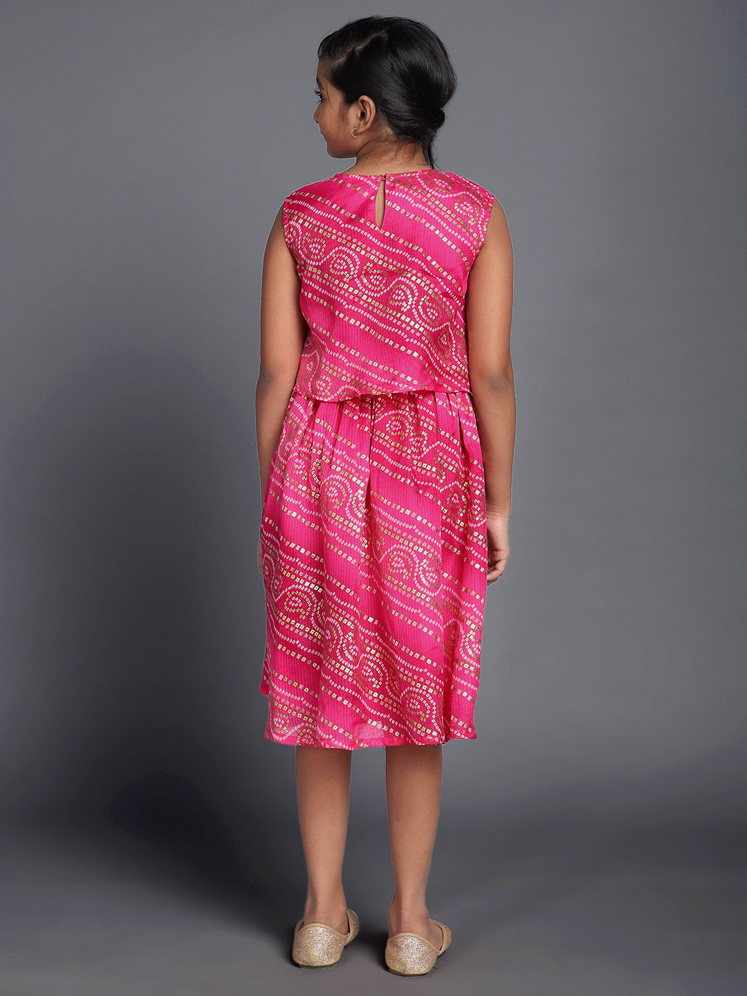Pink Bandhani Print Layered Dress - Elganza