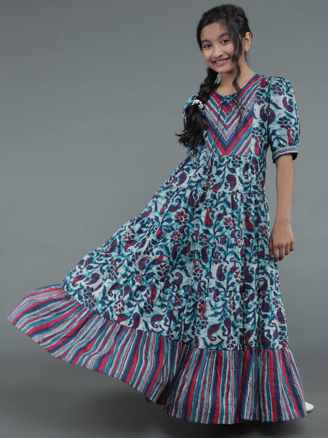 Blue Floral Print Tiered Maxi Dress - Elganza