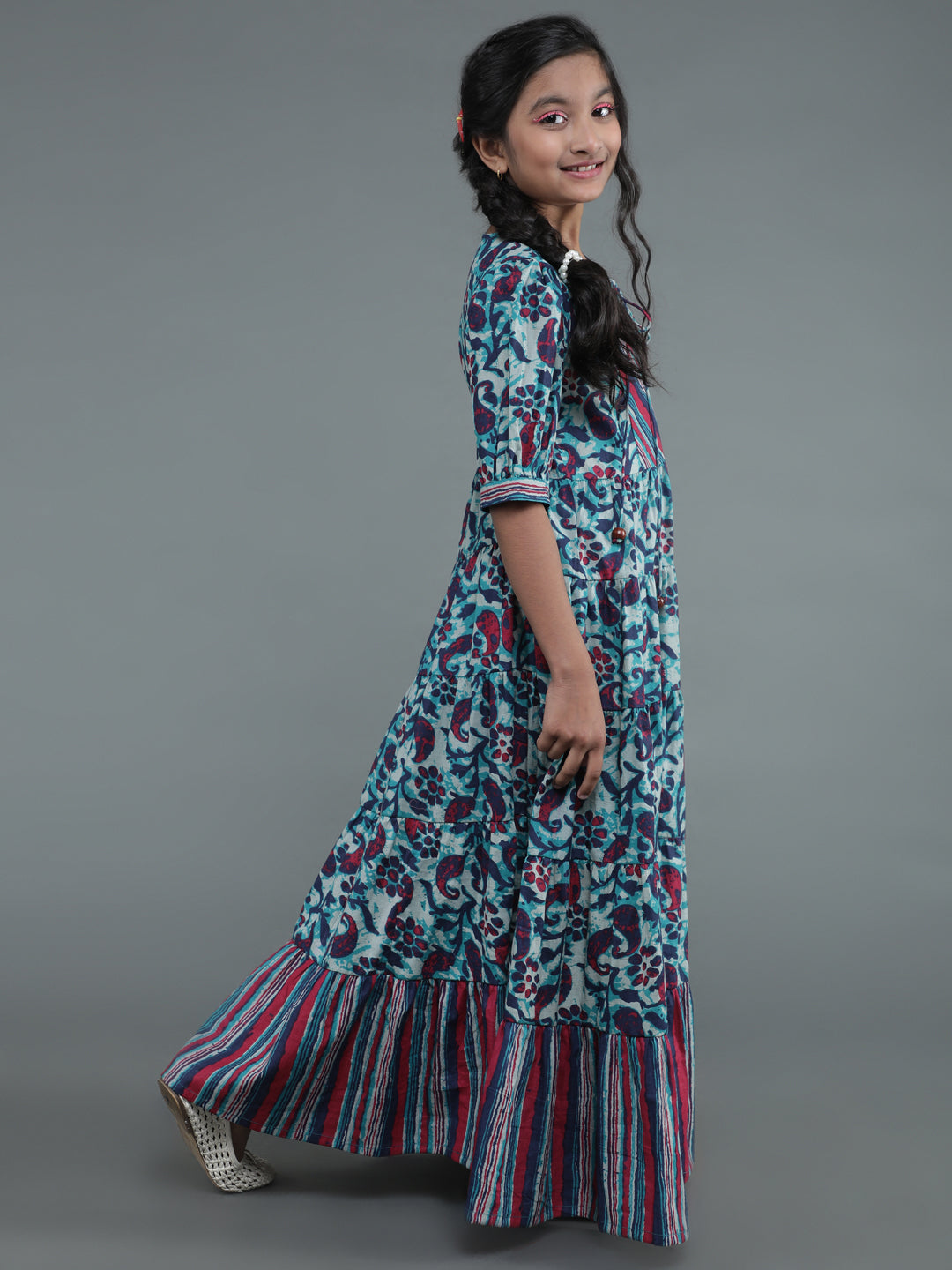 Blue Floral Print Tiered Maxi Dress - Elganza
