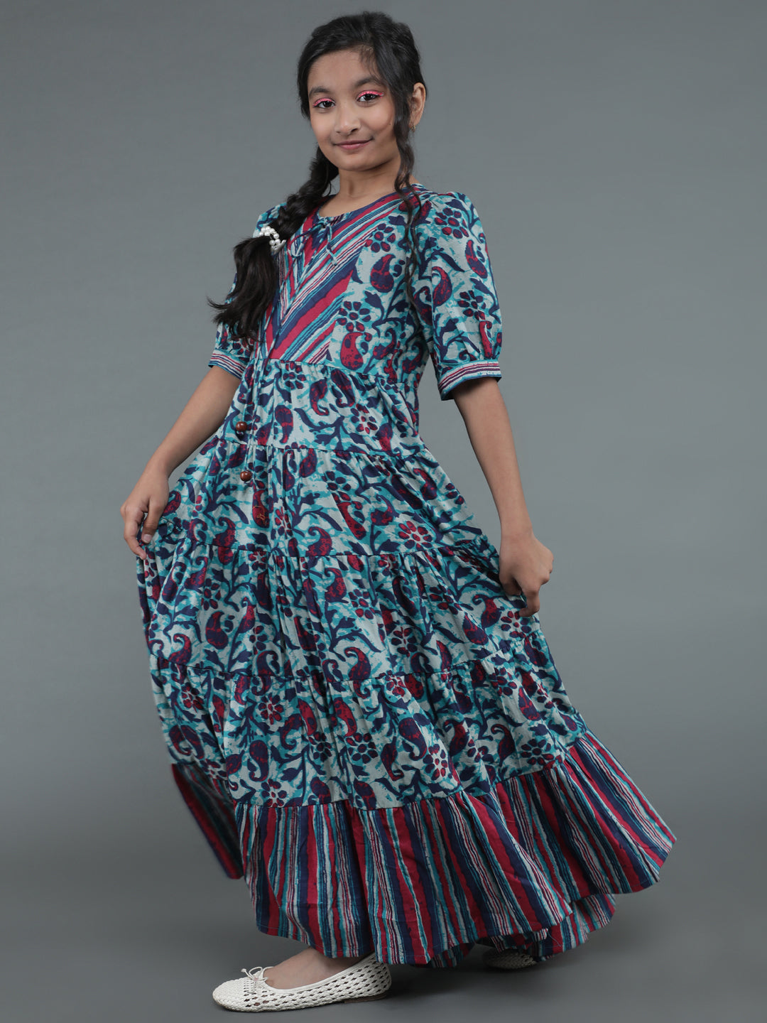 Blue Floral Print Tiered Maxi Dress - Elganza