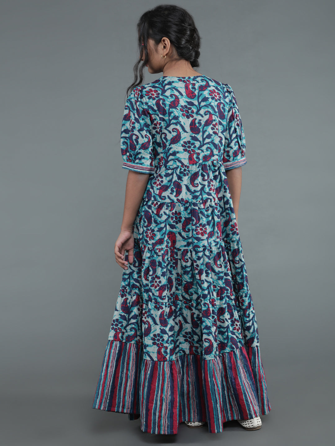 Blue Floral Print Tiered Maxi Dress - Elganza