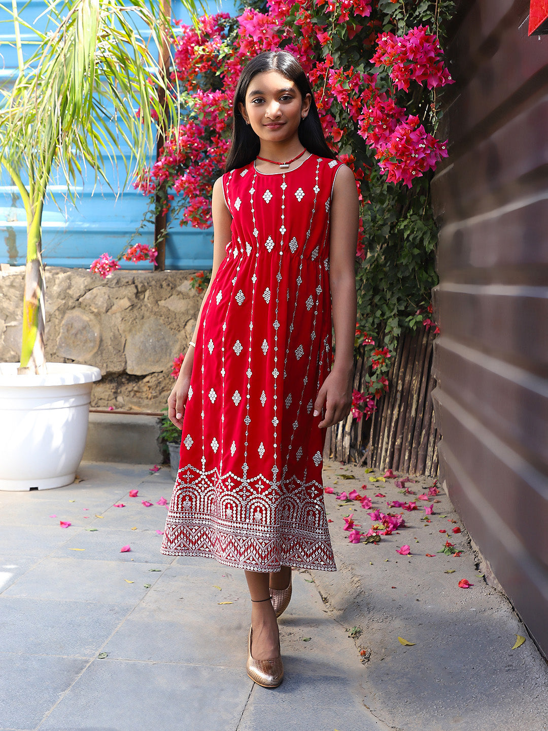 Tomato red Color embroidered Evening Dress - Elganza
