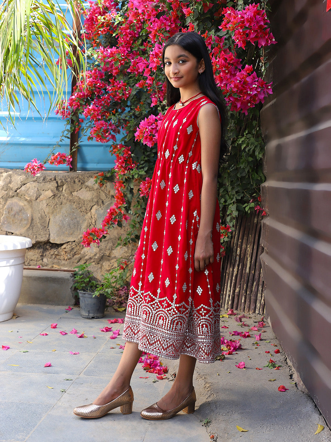 Tomato red Color embroidered Evening Dress - Elganza