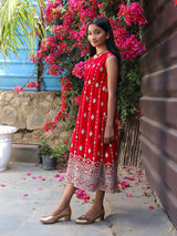 Tomato red Color embroidered Evening Dress - Elganza