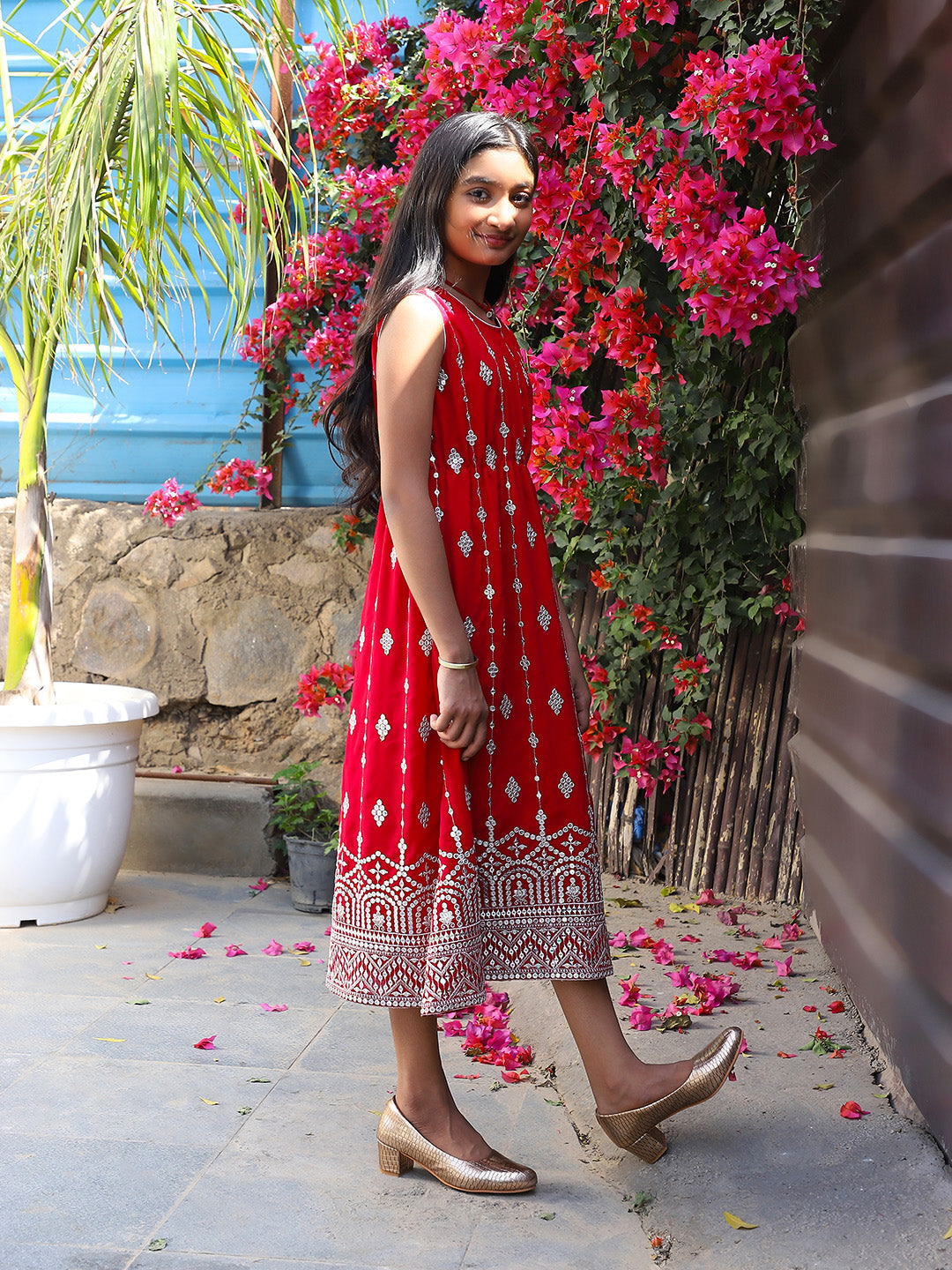 Tomato red Color embroidered Evening Dress - Elganza