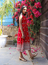Tomato red Color embroidered Evening Dress - Elganza