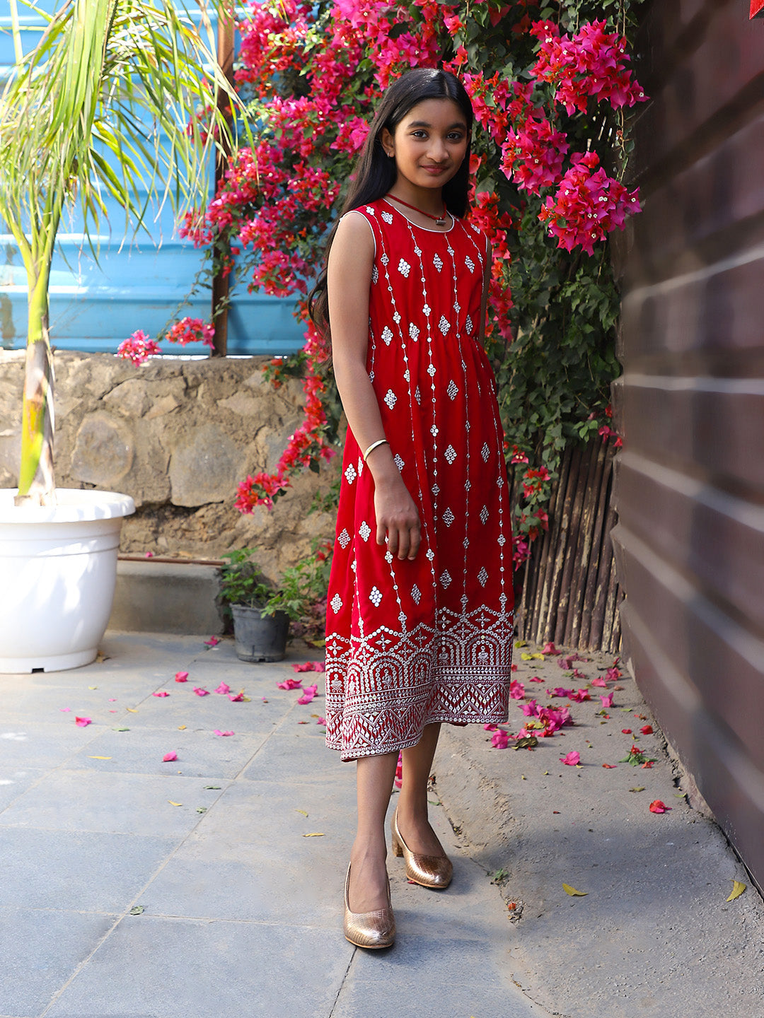 Tomato red Color embroidered Evening Dress - Elganza