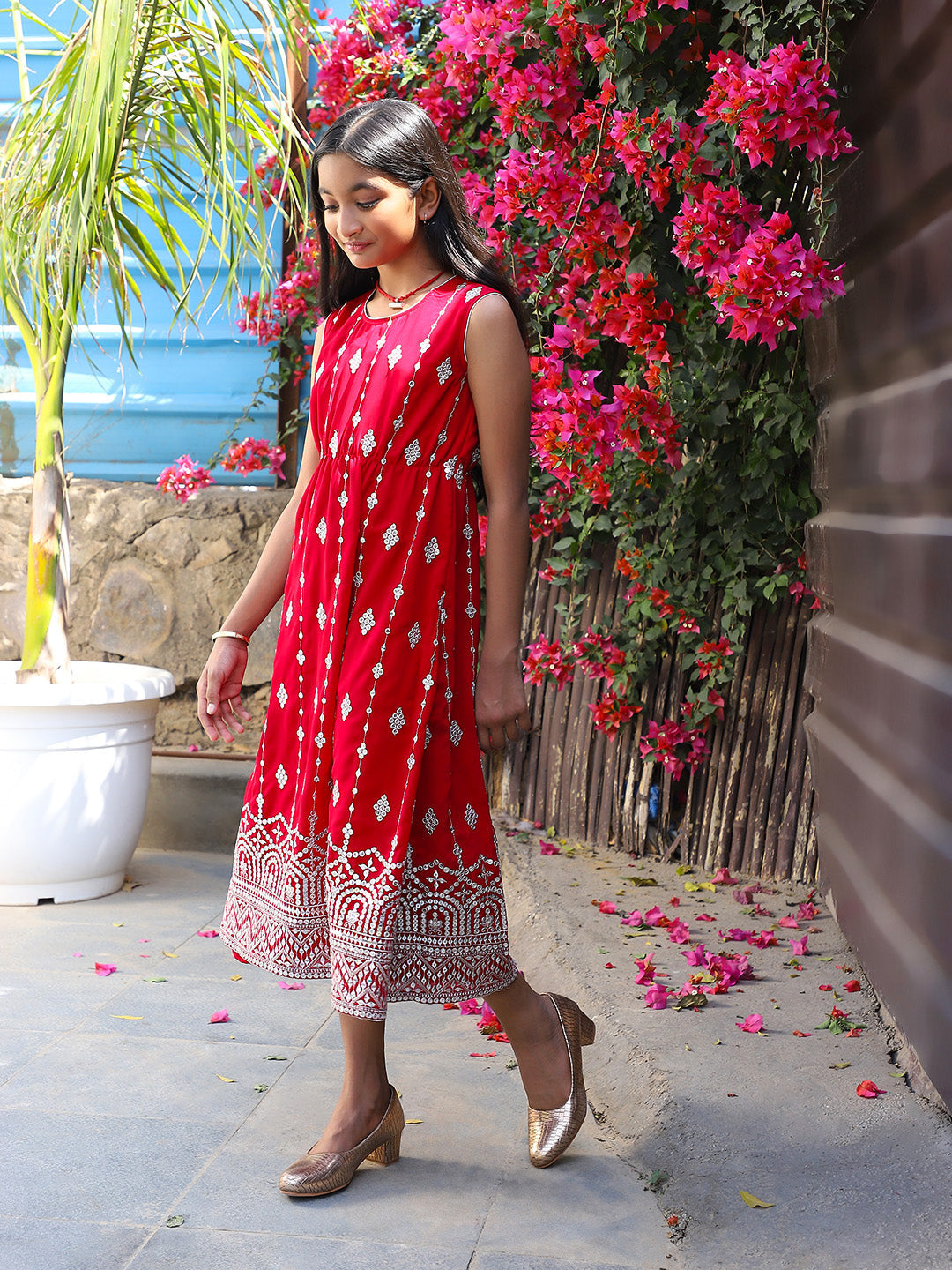 Tomato red Color embroidered Evening Dress - Elganza