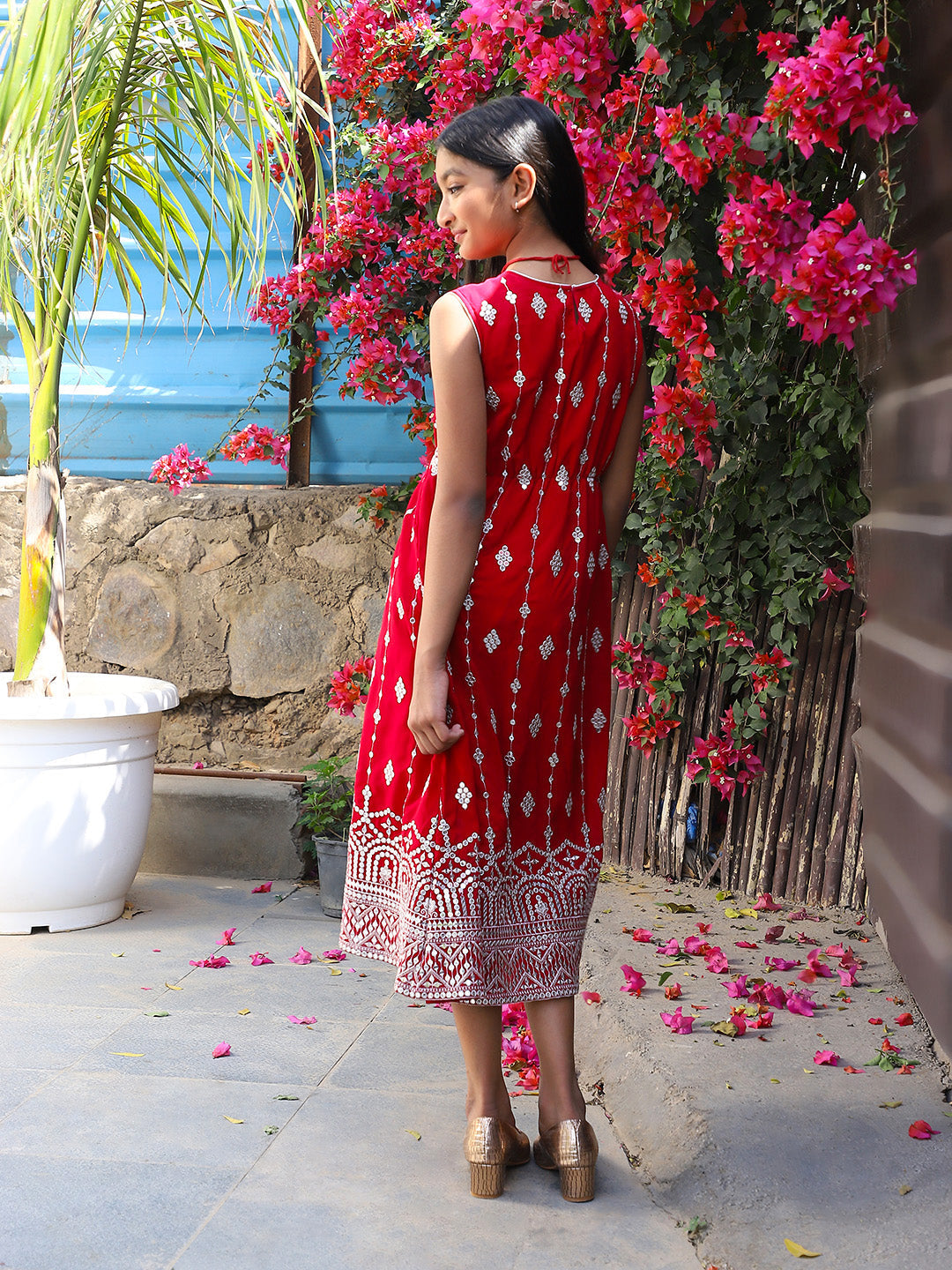 Tomato red Color embroidered Evening Dress - Elganza