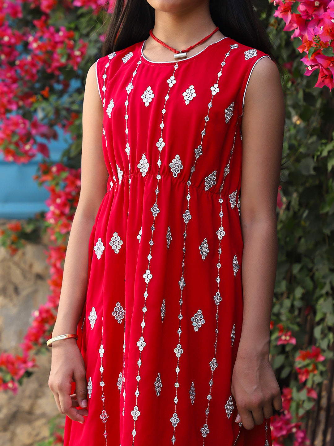 Tomato red Color embroidered Evening Dress - Elganza