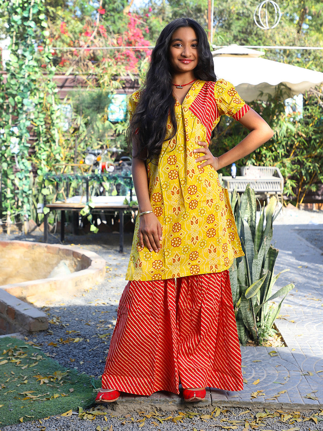 Yellow bandhani Kurta with red leheriya sharara - Elganza
