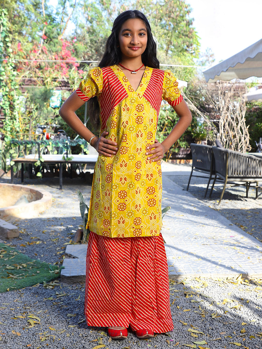 Yellow bandhani Kurta with red leheriya sharara - Elganza