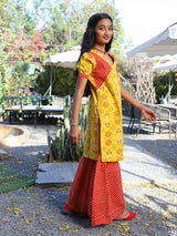 Yellow bandhani Kurta with red leheriya sharara - Elganza