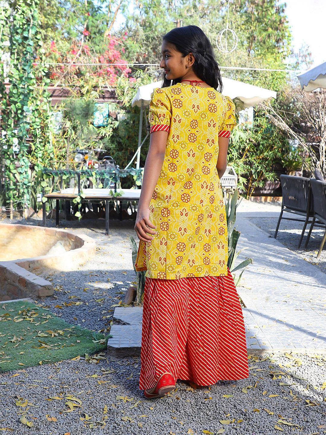 Yellow bandhani Kurta with red leheriya sharara - Elganza