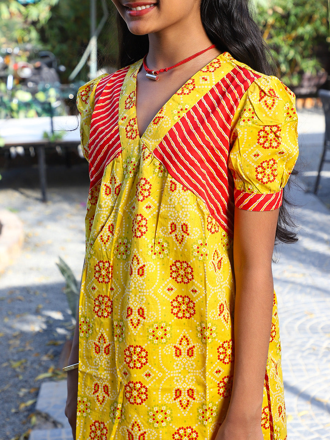 Yellow bandhani Kurta with red leheriya sharara - Elganza
