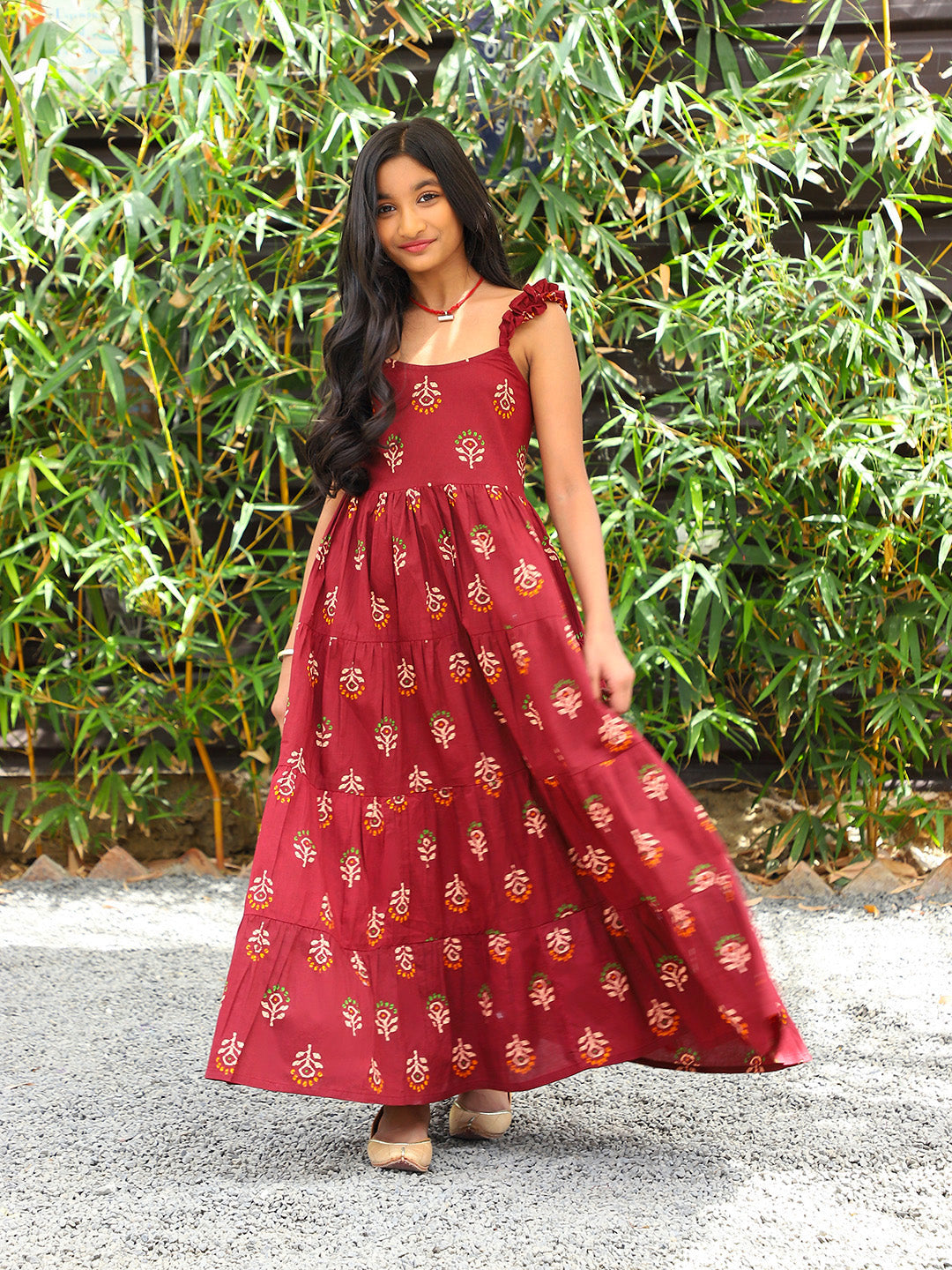 Maroon Color Tiered Cotton Maxi dress - Elganza