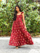 Maroon Color Tiered Cotton Maxi dress - Elganza