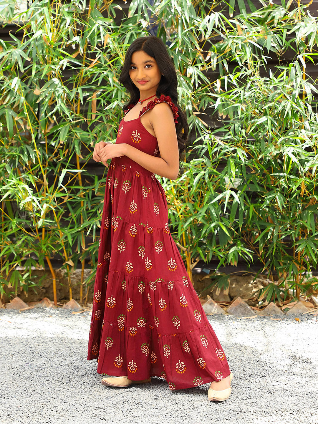 Maroon Color Tiered Cotton Maxi dress - Elganza