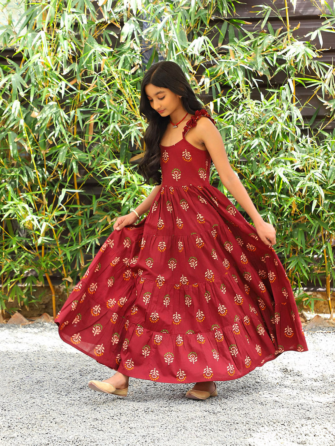 Maroon Color Tiered Cotton Maxi dress - Elganza