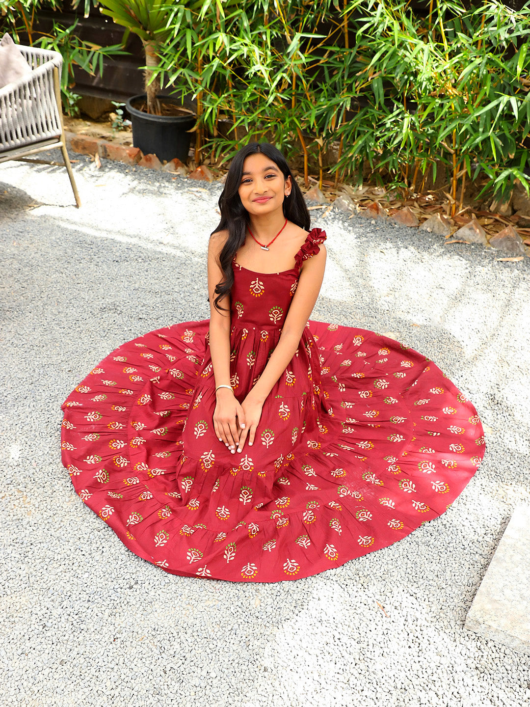 Maroon Color Tiered Cotton Maxi dress - Elganza