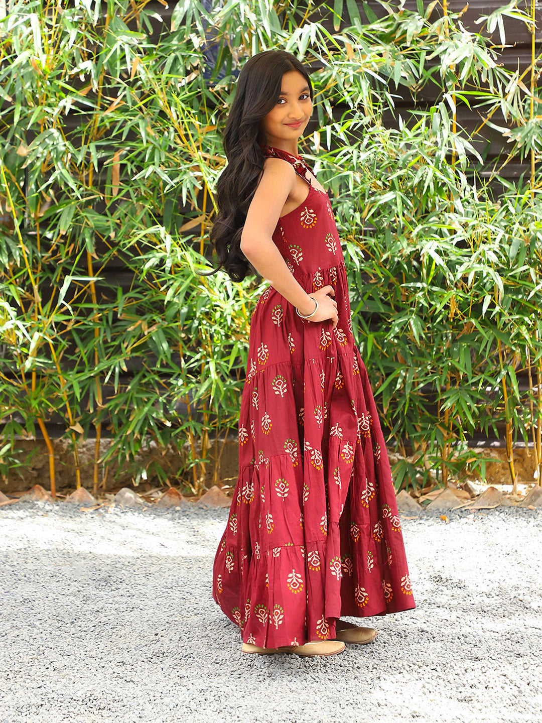 Maroon Color Tiered Cotton Maxi dress - Elganza