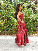 Maroon Color Tiered Cotton Maxi dress - Elganza