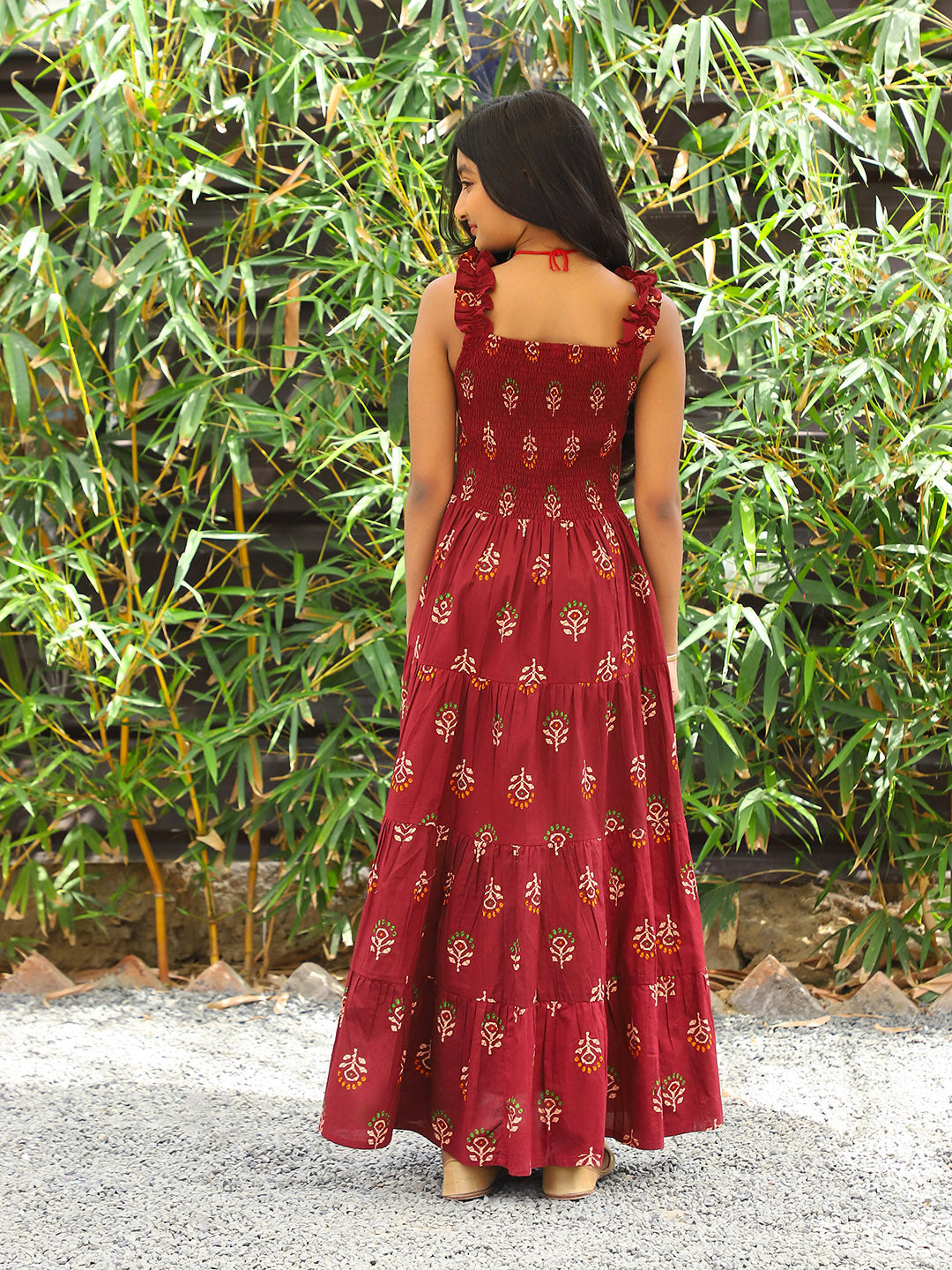 Maroon Color Tiered Cotton Maxi dress - Elganza
