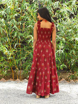 Maroon Color Tiered Cotton Maxi dress - Elganza