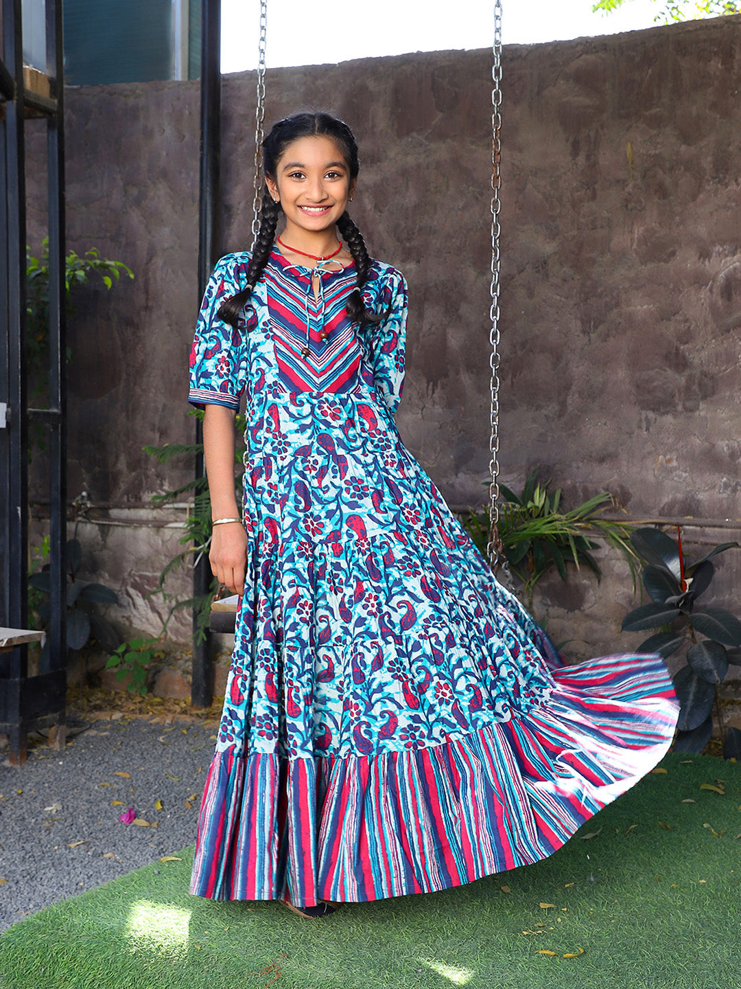 Blue Color Tiered Cotton Maxi Dress - Elganza