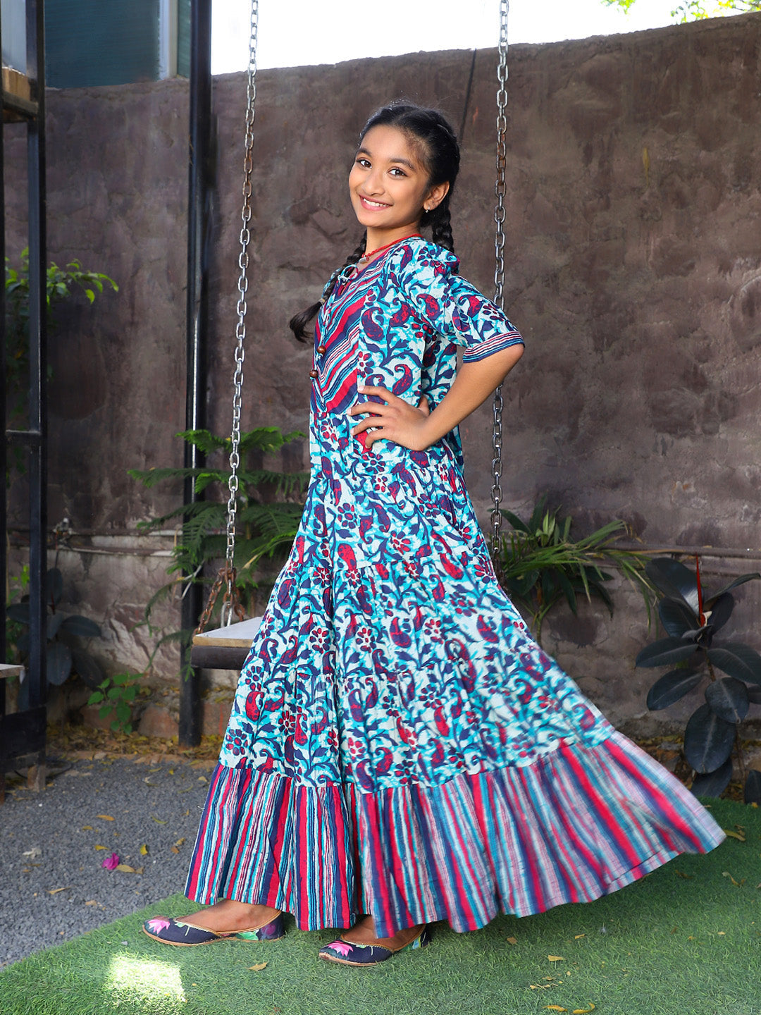 Blue Color Tiered Cotton Maxi Dress - Elganza