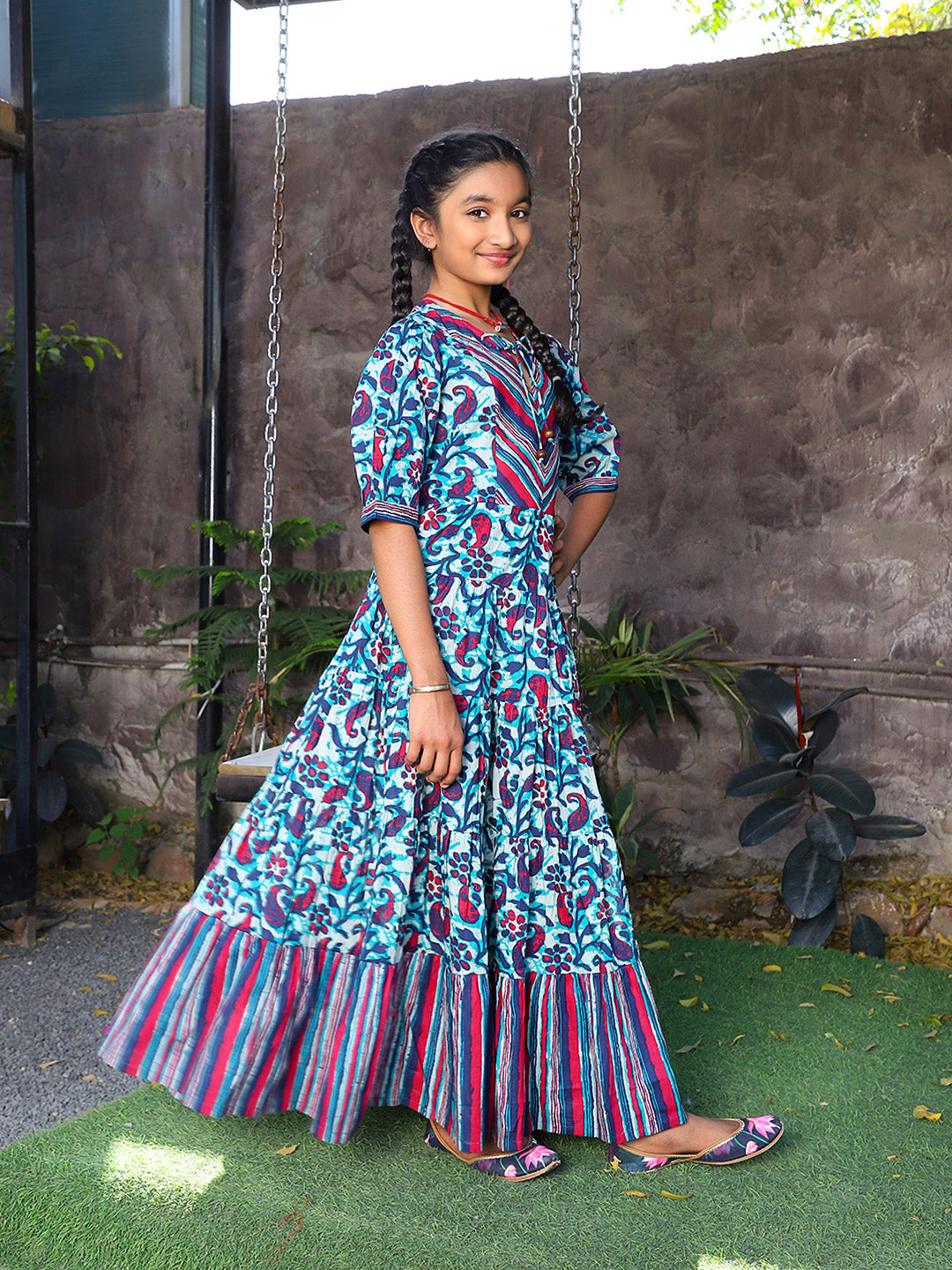 Blue Color Tiered Cotton Maxi Dress - Elganza