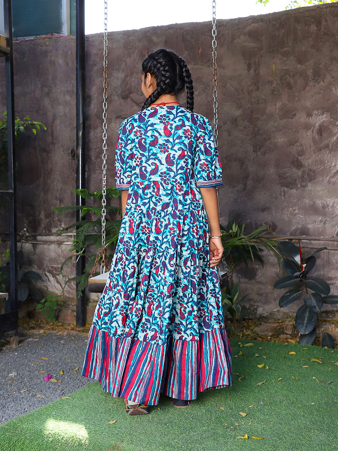 Blue Color Tiered Cotton Maxi Dress - Elganza