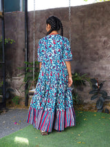 Blue Color Tiered Cotton Maxi Dress - Elganza