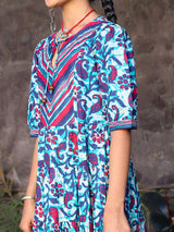 Blue Color Tiered Cotton Maxi Dress - Elganza