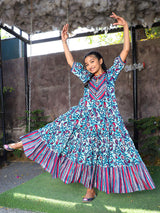 Blue Color Tiered Cotton Maxi Dress - Elganza