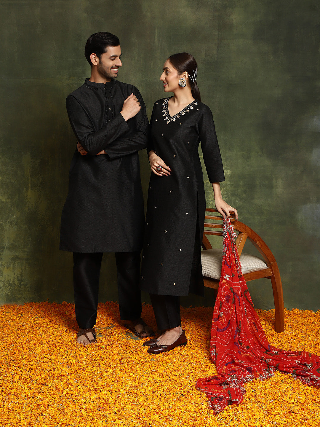 Black Embroidered Couple Combo Set