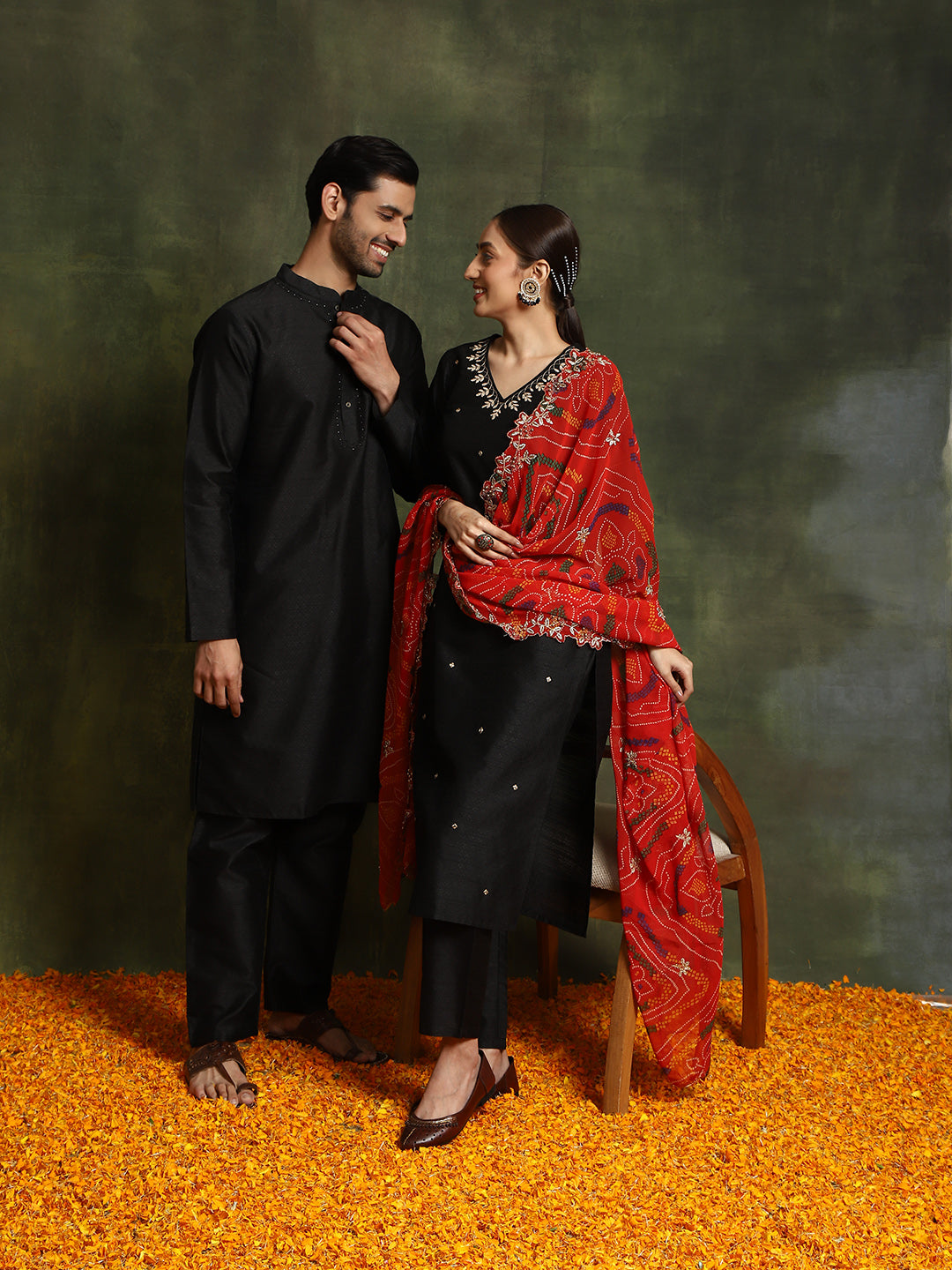 Black Embroidered Couple Combo Set